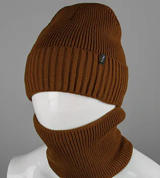 Комплект шапка-резинка з відворотом на флісі + Баф на флiсі (230701), Мокко