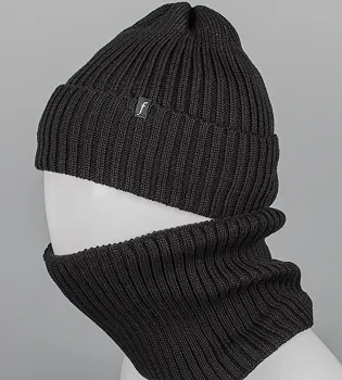 Бавовняний комплект шапка-резинка з відворотом на флісі + Баф на флiсі (240735, Чорний