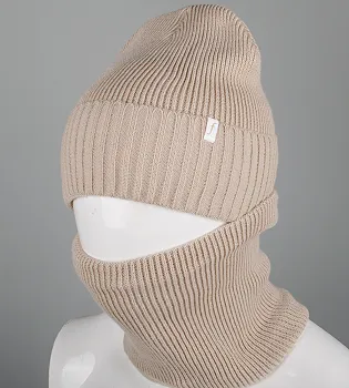 Комплект шапка-резинка з відворотом на флісі + Баф на флiсі (230701), Бежевий